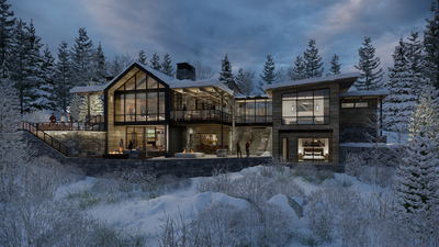 Floor to ceiling windows and the endless patio space on this mountain home are perfect for taking in the scenery. The outdoor hot tub and fire pit make it easy to warm up on a cold winter evening. These beautiful dusk shots are a fun change from the typical daytime rendering. A big thanks to Centre Sky Architecture for letting us work on this project! 
